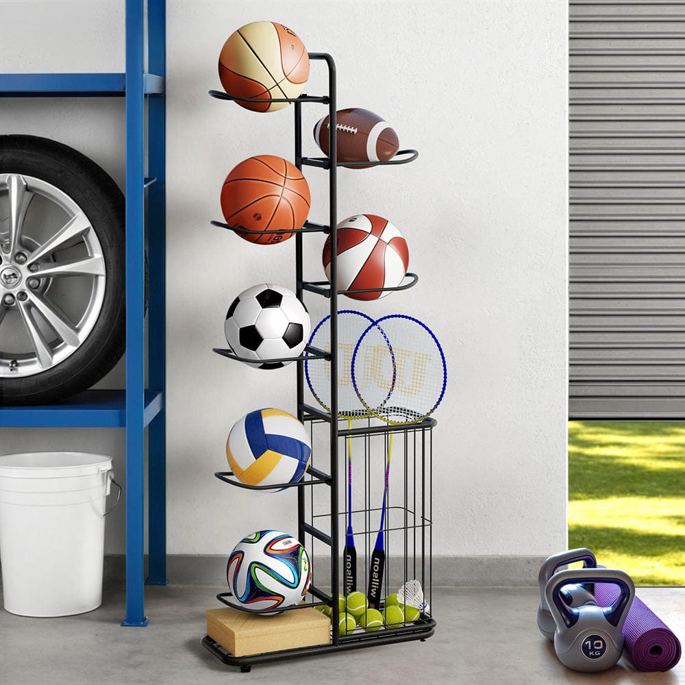 Everfit Sports & Fitness > Bikes & Accessories > Bicycle Stands & Storage Everfit Ball Storage Rack Sports Equipment Organizer 7-Tier with Basket for Garage Gym Black