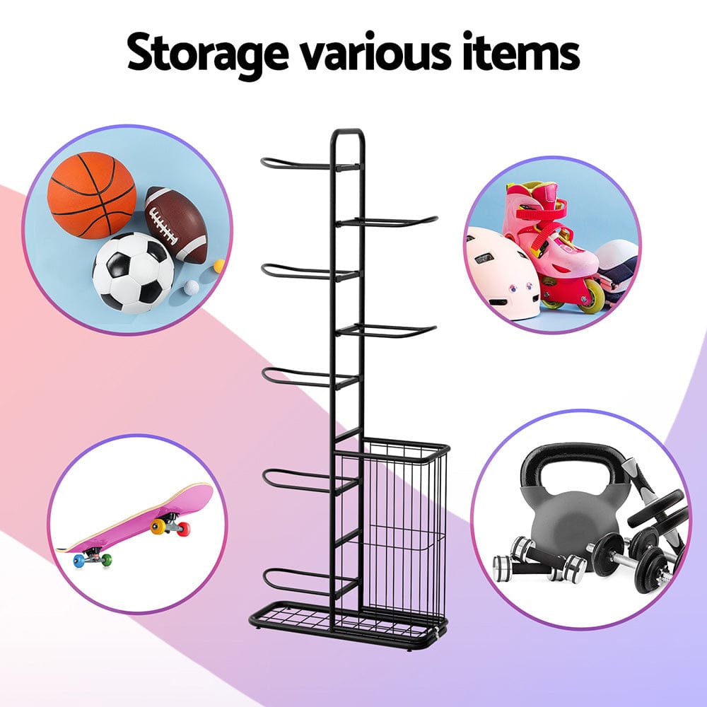 Everfit Sports & Fitness > Bikes & Accessories > Bicycle Stands & Storage Everfit Ball Storage Rack Sports Equipment Organizer 7-Tier with Basket for Garage Gym Black