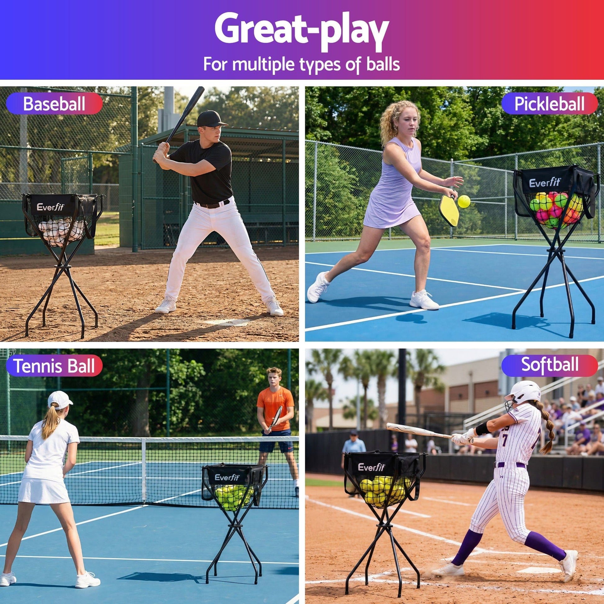 Everfit Sports & Fitness > Racquet Sports > Pickleball Everfit Portable Ball Cart Foldable Pickleball Tennis Baseball Softball