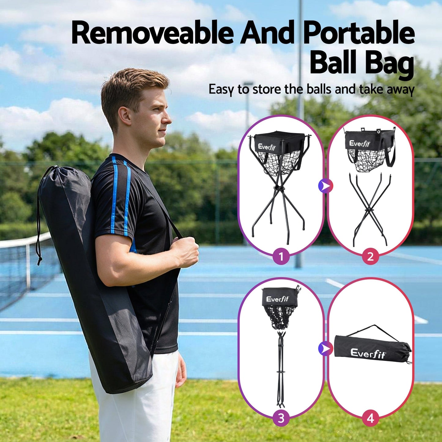 Everfit Sports & Fitness > Racquet Sports > Pickleball Everfit Portable Ball Cart Foldable Pickleball Tennis Baseball Softball