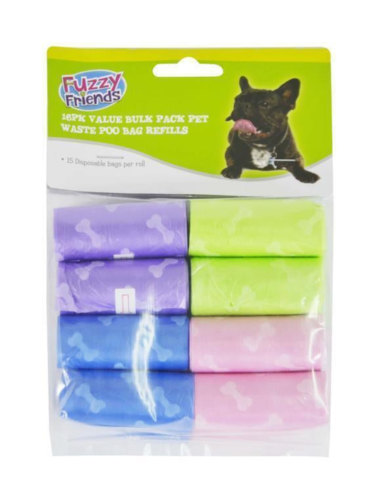 Fuzzy Friends Pet Poo Bag 16 Rolls of 15 Plastic Bags Pet Dog Puppy Poo Waste Poop Clean Pick Up Garbage