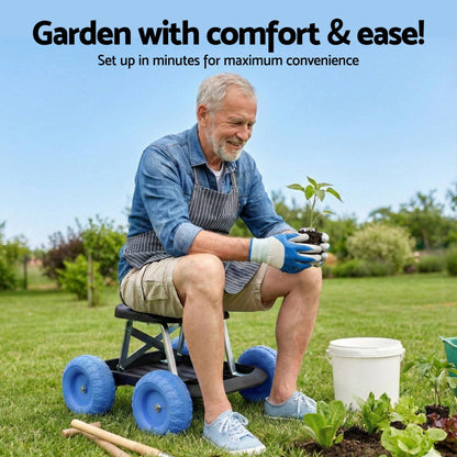 Gardeon Baby & Kids > Kid's Furniture > Kid's Tables, Chairs & Seats Gardeon Garden Cart Seat with Wheels, Rolling Work Stool with Tool Storage Tray, 440lbs (200kg) Heavy Duty Capacity Garden Stool for Outdoor Yard Work, Car Detailing, and Garage Maintenance, Blue/Black