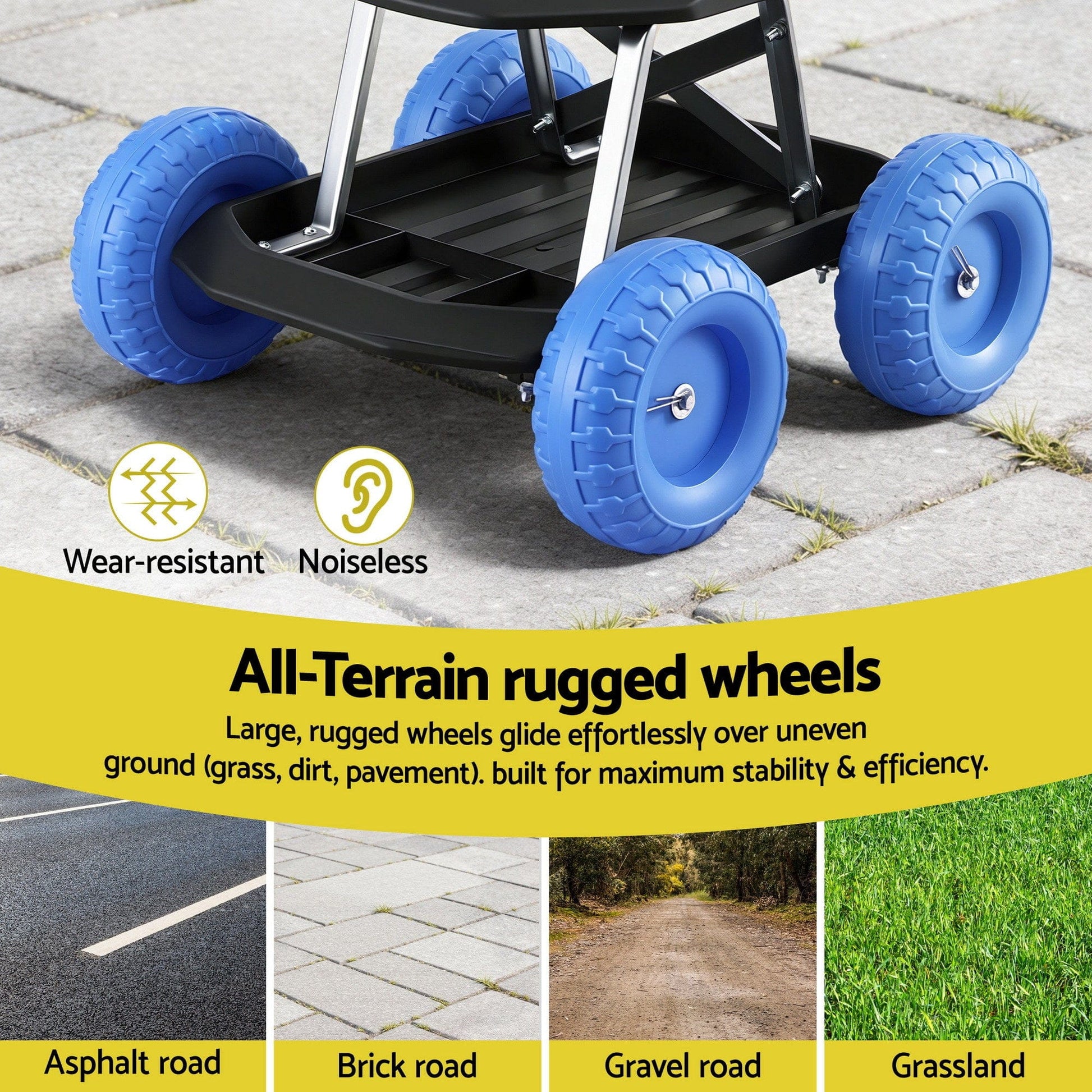 Gardeon Baby & Kids > Kid's Furniture > Kid's Tables, Chairs & Seats Gardeon Garden Cart Seat with Wheels, Rolling Work Stool with Tool Storage Tray, 440lbs (200kg) Heavy Duty Capacity Garden Stool for Outdoor Yard Work, Car Detailing, and Garage Maintenance, Blue/Black