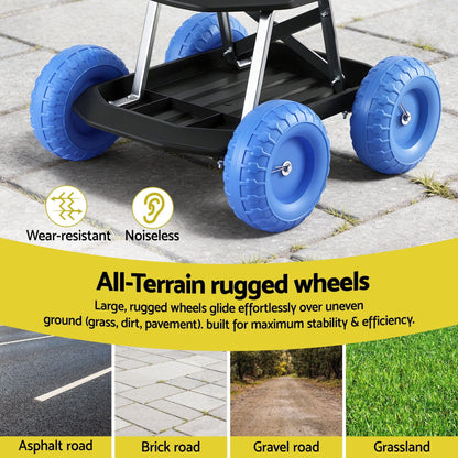 Gardeon Baby & Kids > Kid's Furniture > Kid's Tables, Chairs & Seats Gardeon Garden Cart Seat with Wheels, Rolling Work Stool with Tool Storage Tray, 440lbs (200kg) Heavy Duty Capacity Garden Stool for Outdoor Yard Work, Car Detailing, and Garage Maintenance, Blue/Black