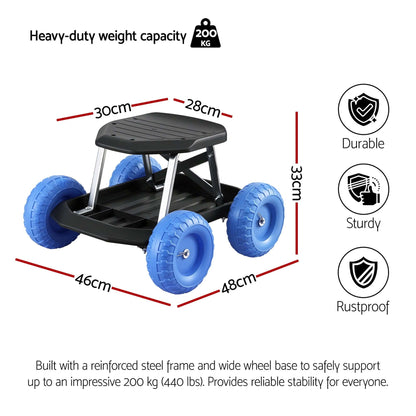 Gardeon Baby & Kids > Kid's Furniture > Kid's Tables, Chairs & Seats Gardeon Garden Cart Seat with Wheels, Rolling Work Stool with Tool Storage Tray, 440lbs (200kg) Heavy Duty Capacity Garden Stool for Outdoor Yard Work, Car Detailing, and Garage Maintenance, Blue/Black