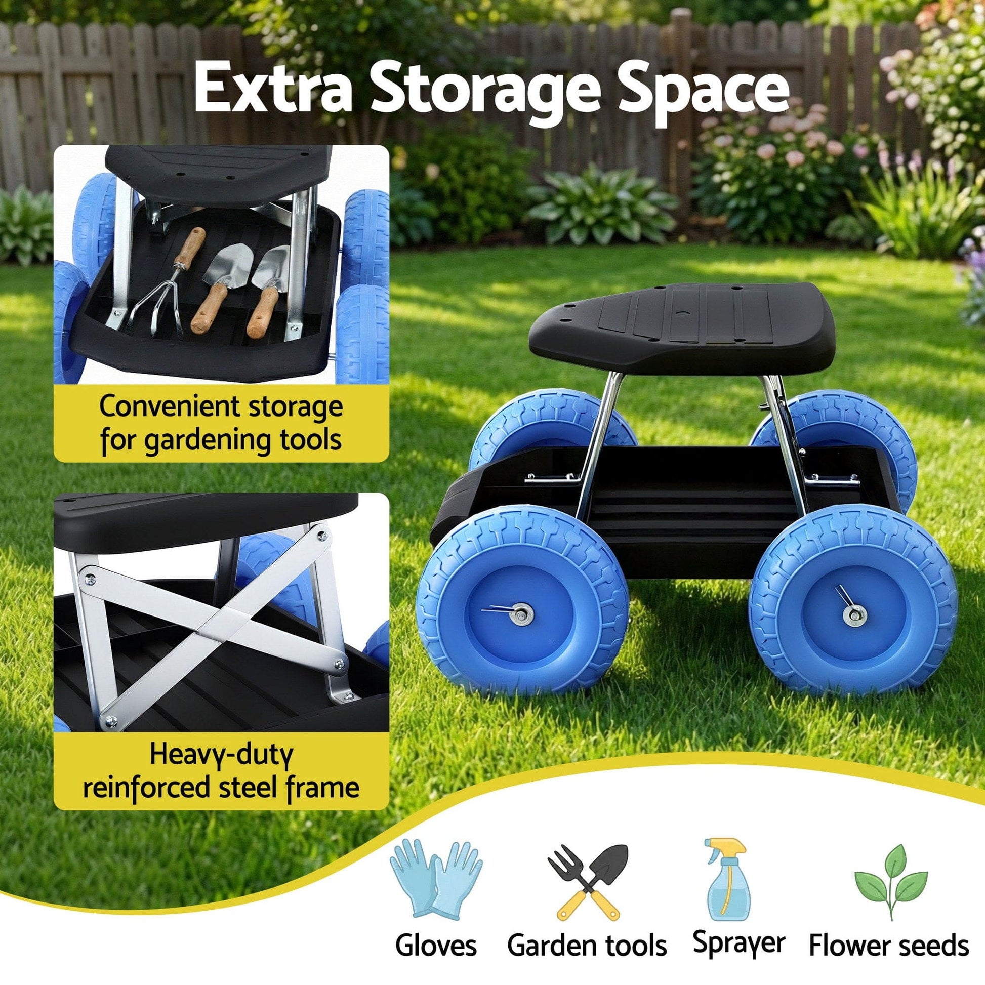 Gardeon Baby & Kids > Kid's Furniture > Kid's Tables, Chairs & Seats Gardeon Garden Cart Seat with Wheels, Rolling Work Stool with Tool Storage Tray, 440lbs (200kg) Heavy Duty Capacity Garden Stool for Outdoor Yard Work, Car Detailing, and Garage Maintenance, Blue/Black