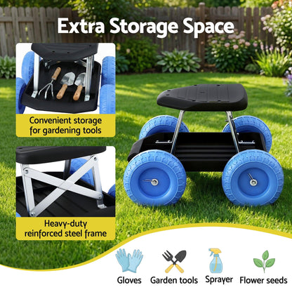 Gardeon Baby & Kids > Kid's Furniture > Kid's Tables, Chairs & Seats Gardeon Garden Cart Seat with Wheels, Rolling Work Stool with Tool Storage Tray, 440lbs (200kg) Heavy Duty Capacity Garden Stool for Outdoor Yard Work, Car Detailing, and Garage Maintenance, Blue/Black