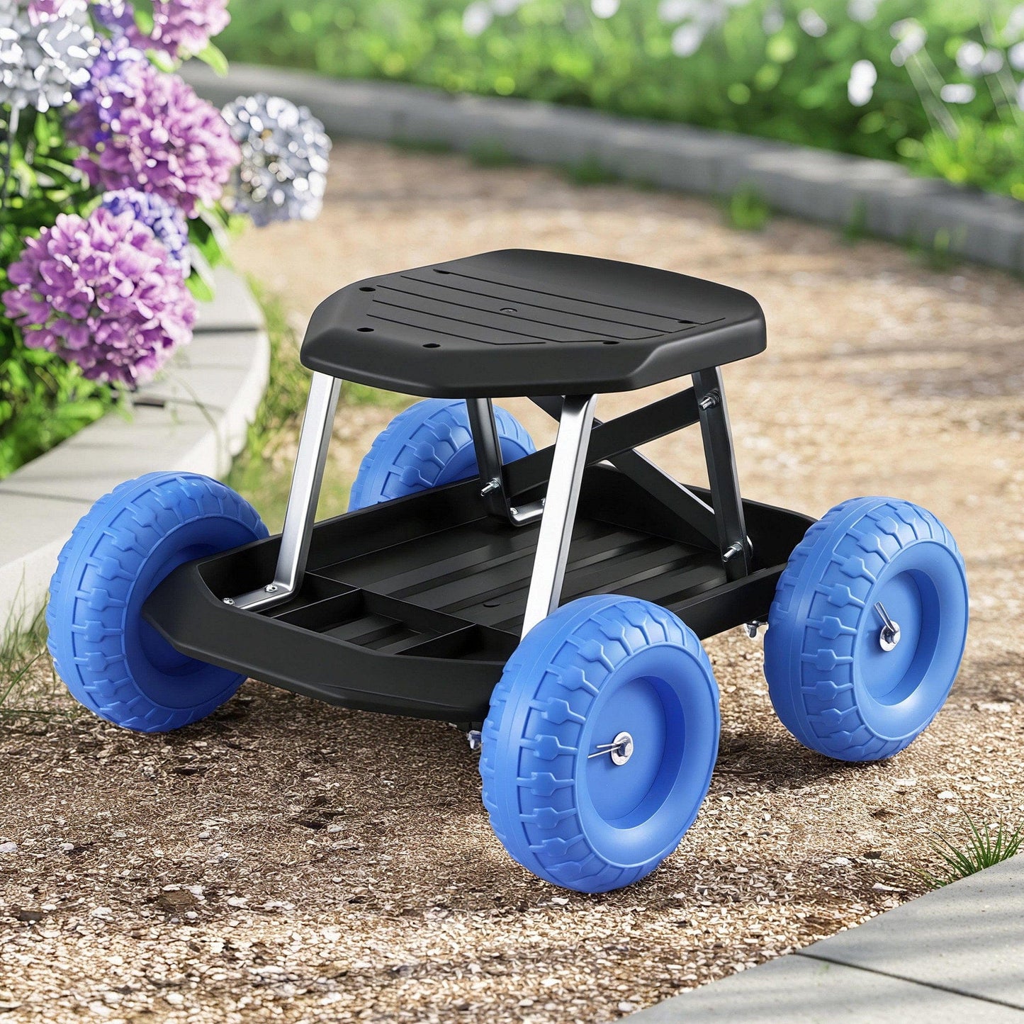 Gardeon Baby & Kids > Kid's Furniture > Kid's Tables, Chairs & Seats Gardeon Garden Cart Seat with Wheels, Rolling Work Stool with Tool Storage Tray, 440lbs (200kg) Heavy Duty Capacity Garden Stool for Outdoor Yard Work, Car Detailing, and Garage Maintenance, Blue/Black
