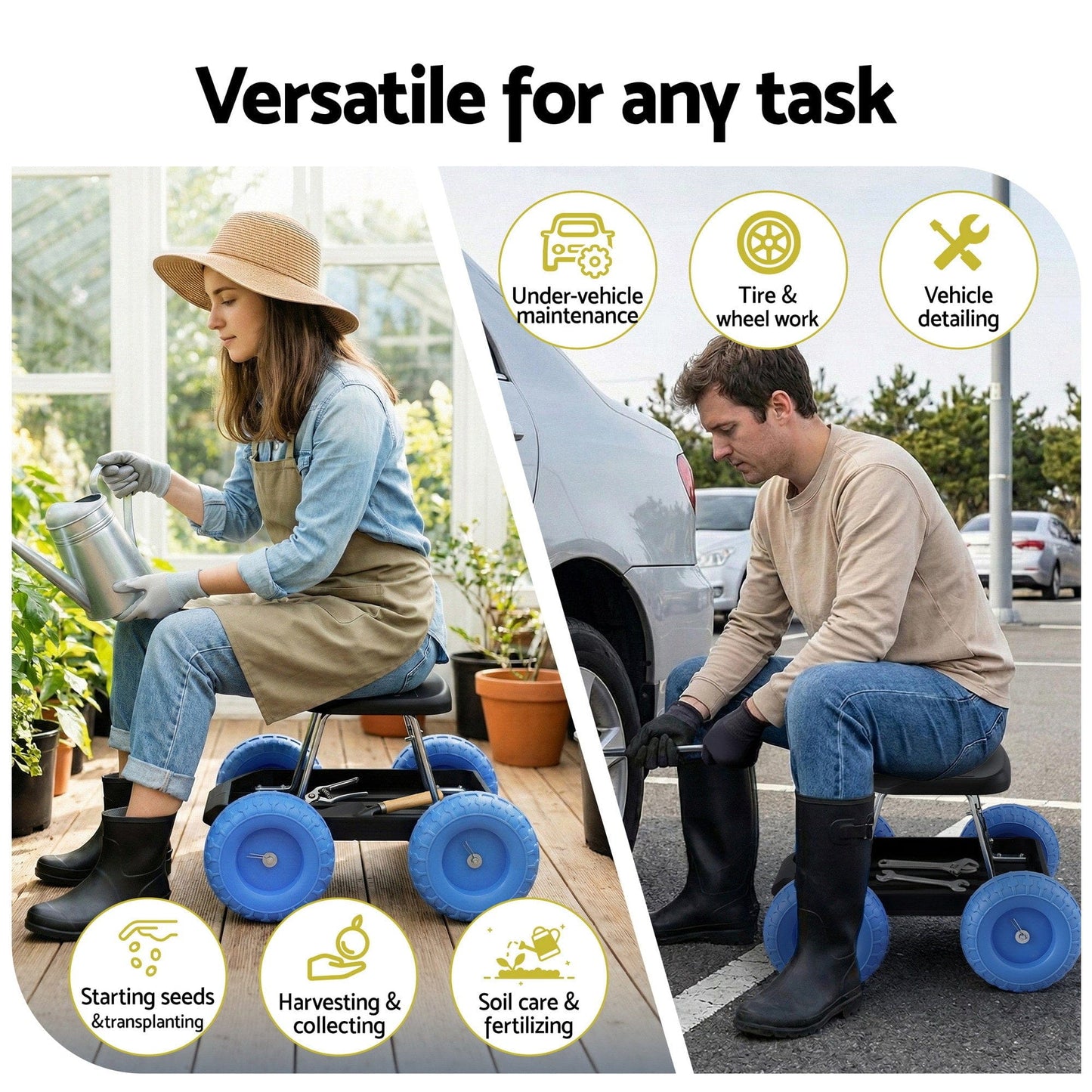 Gardeon Baby & Kids > Kid's Furniture > Kid's Tables, Chairs & Seats Gardeon Garden Cart Seat with Wheels, Rolling Work Stool with Tool Storage Tray, 440lbs (200kg) Heavy Duty Capacity Garden Stool for Outdoor Yard Work, Car Detailing, and Garage Maintenance, Blue/Black