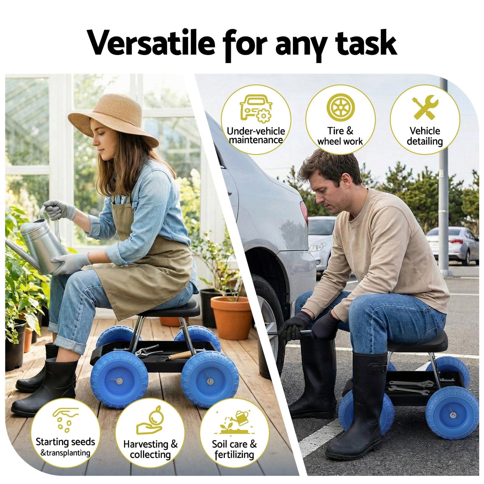 Gardeon Baby & Kids > Kid's Furniture > Kid's Tables, Chairs & Seats Gardeon Garden Cart Seat with Wheels, Rolling Work Stool with Tool Storage Tray, 440lbs (200kg) Heavy Duty Capacity Garden Stool for Outdoor Yard Work, Car Detailing, and Garage Maintenance, Blue/Black