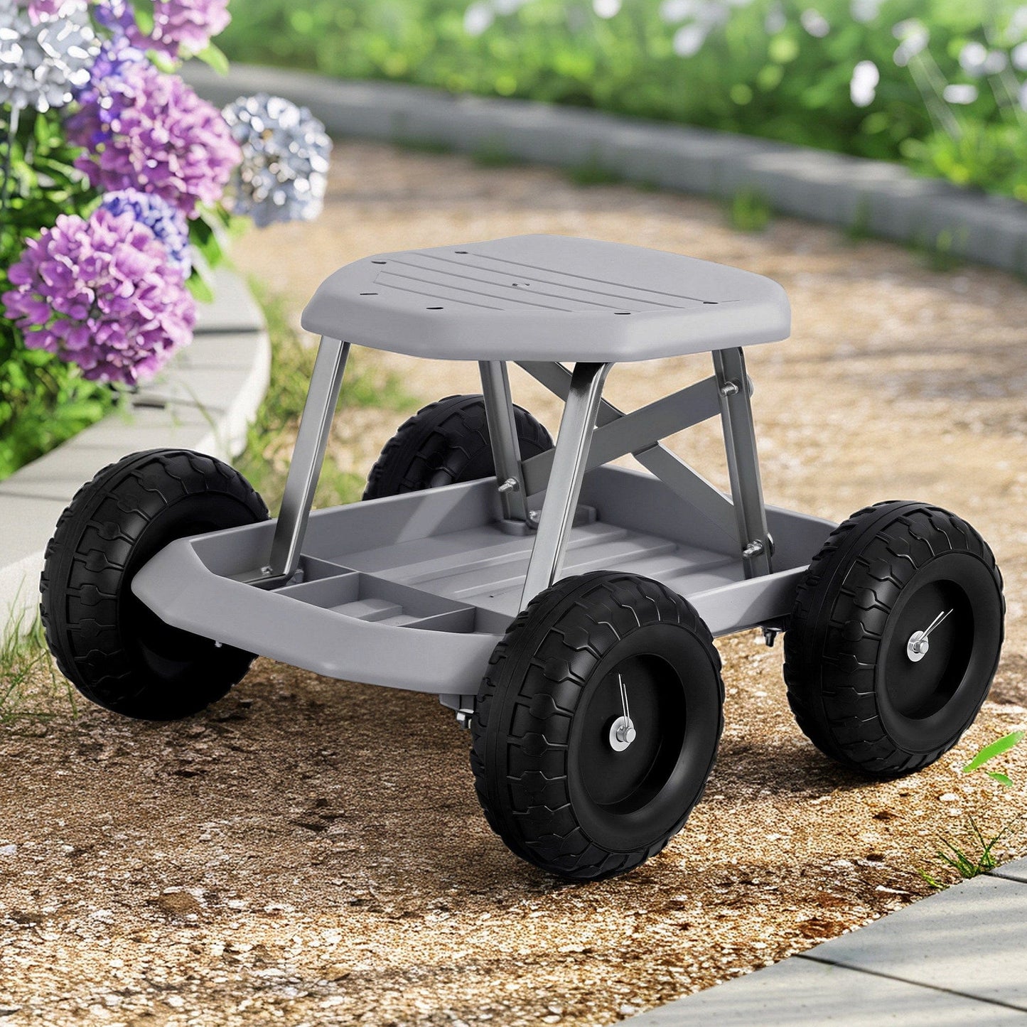Gardeon Baby & Kids > Kid's Furniture > Kid's Tables, Chairs & Seats Gardeon Garden Cart Seat with Wheels, Rolling Work Stool with Tool Storage Tray, 440lbs (200kg) Heavy Duty Capacity Garden Stool for Outdoor Yard Work, Car Detailing, and Garage Maintenance, Grey/Black