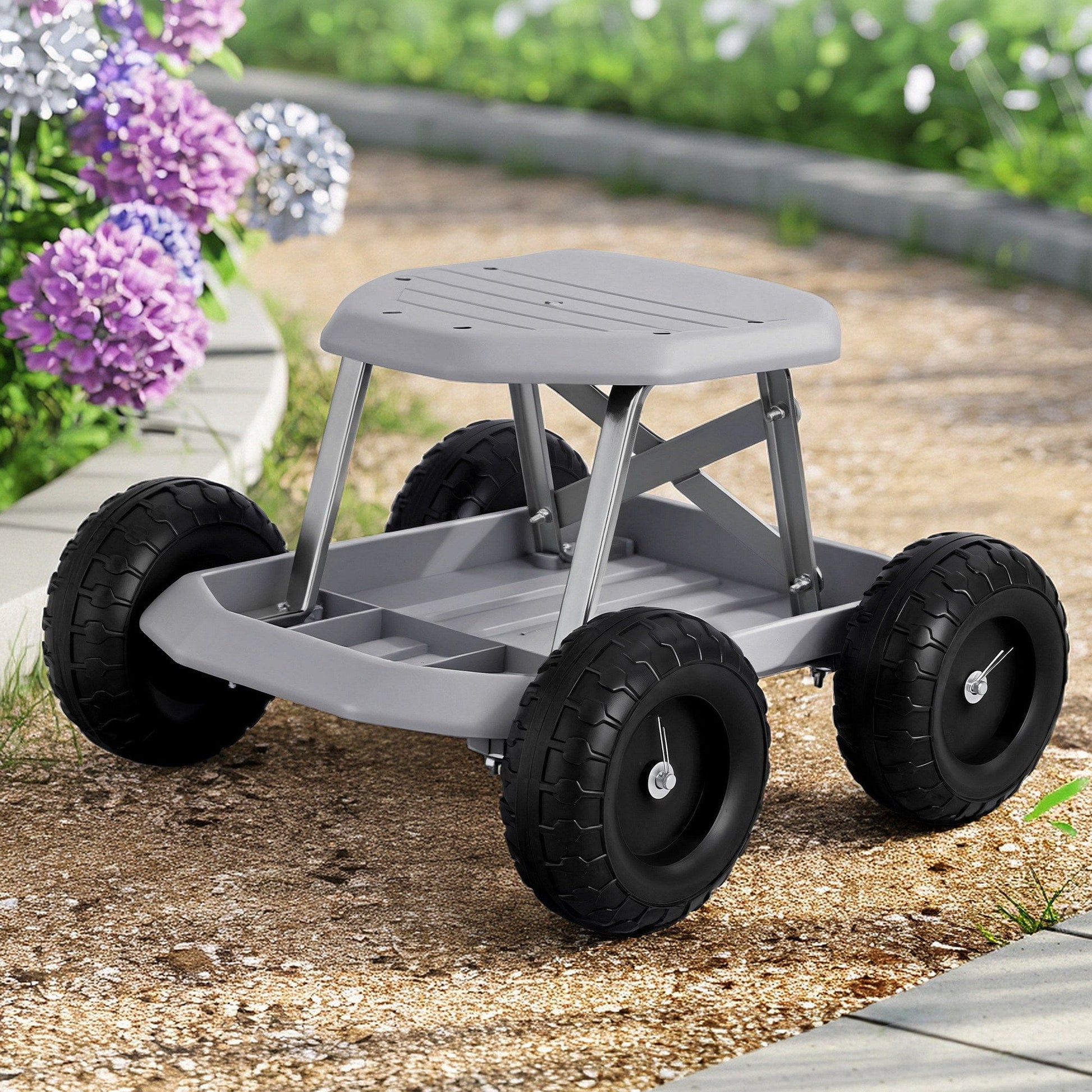Gardeon Baby & Kids > Kid's Furniture > Kid's Tables, Chairs & Seats Gardeon Garden Cart Seat with Wheels, Rolling Work Stool with Tool Storage Tray, 440lbs (200kg) Heavy Duty Capacity Garden Stool for Outdoor Yard Work, Car Detailing, and Garage Maintenance, Grey/Black