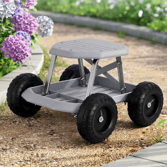 Gardeon Baby & Kids > Kid's Furniture > Kid's Tables, Chairs & Seats Gardeon Garden Cart Seat with Wheels, Rolling Work Stool with Tool Storage Tray, 440lbs (200kg) Heavy Duty Capacity Garden Stool for Outdoor Yard Work, Car Detailing, and Garage Maintenance, Grey/Black