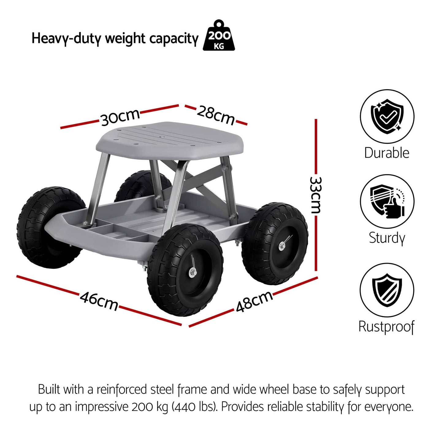 Gardeon Baby & Kids > Kid's Furniture > Kid's Tables, Chairs & Seats Gardeon Garden Cart Seat with Wheels, Rolling Work Stool with Tool Storage Tray, 440lbs (200kg) Heavy Duty Capacity Garden Stool for Outdoor Yard Work, Car Detailing, and Garage Maintenance, Grey/Black