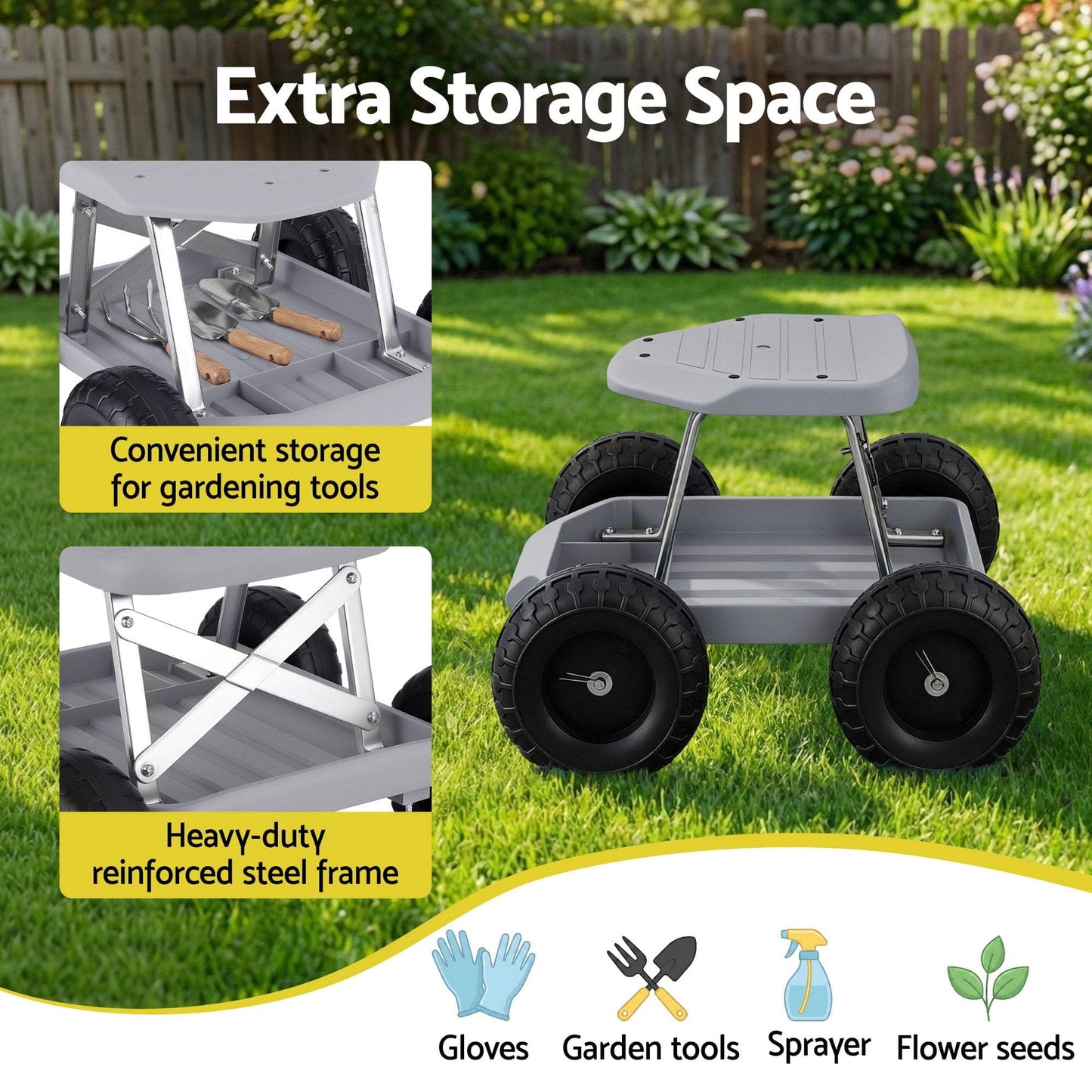 Gardeon Baby & Kids > Kid's Furniture > Kid's Tables, Chairs & Seats Gardeon Garden Cart Seat with Wheels, Rolling Work Stool with Tool Storage Tray, 440lbs (200kg) Heavy Duty Capacity Garden Stool for Outdoor Yard Work, Car Detailing, and Garage Maintenance, Grey/Black