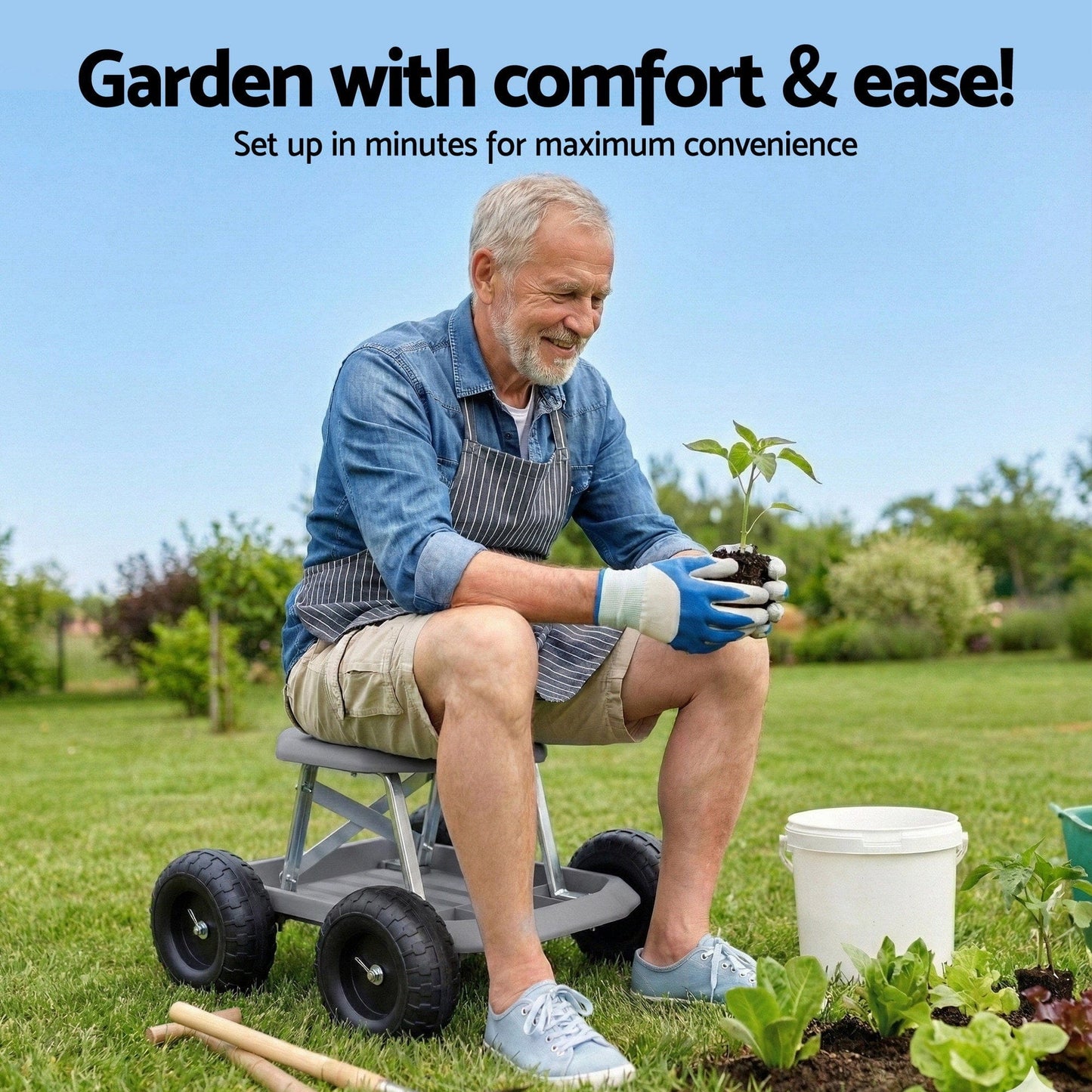 Gardeon Baby & Kids > Kid's Furniture > Kid's Tables, Chairs & Seats Gardeon Garden Cart Seat with Wheels, Rolling Work Stool with Tool Storage Tray, 440lbs (200kg) Heavy Duty Capacity Garden Stool for Outdoor Yard Work, Car Detailing, and Garage Maintenance, Grey/Black