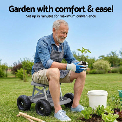 Gardeon Baby & Kids > Kid's Furniture > Kid's Tables, Chairs & Seats Gardeon Garden Cart Seat with Wheels, Rolling Work Stool with Tool Storage Tray, 440lbs (200kg) Heavy Duty Capacity Garden Stool for Outdoor Yard Work, Car Detailing, and Garage Maintenance, Grey/Black