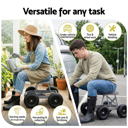 Gardeon Baby & Kids > Kid's Furniture > Kid's Tables, Chairs & Seats Gardeon Garden Cart Seat with Wheels, Rolling Work Stool with Tool Storage Tray, 440lbs (200kg) Heavy Duty Capacity Garden Stool for Outdoor Yard Work, Car Detailing, and Garage Maintenance, Grey/Black