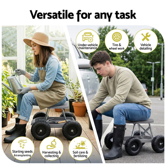 Gardeon Baby & Kids > Kid's Furniture > Kid's Tables, Chairs & Seats Gardeon Garden Cart Seat with Wheels, Rolling Work Stool with Tool Storage Tray, 440lbs (200kg) Heavy Duty Capacity Garden Stool for Outdoor Yard Work, Car Detailing, and Garage Maintenance, Grey/Black
