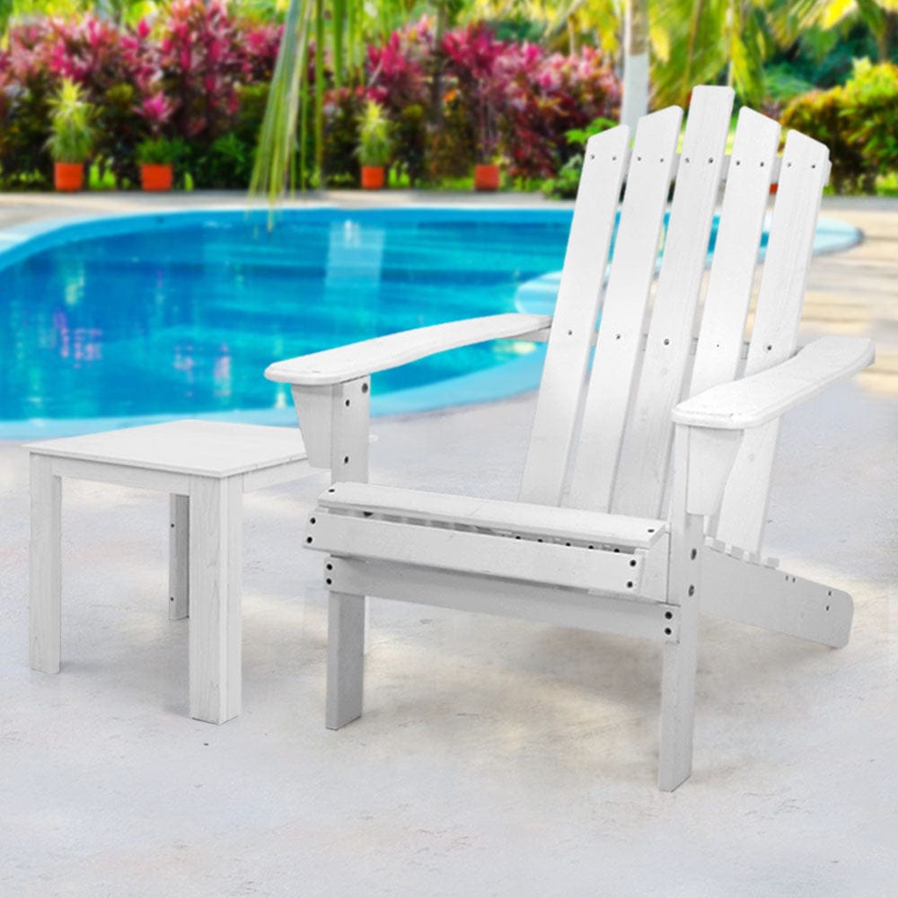 Gardeon Furniture > Outdoor > Outdoor Chairs Gardeon 2PC Adirondack Outdoor Table and Chair Wooden Beach Chair Patio Furniture White