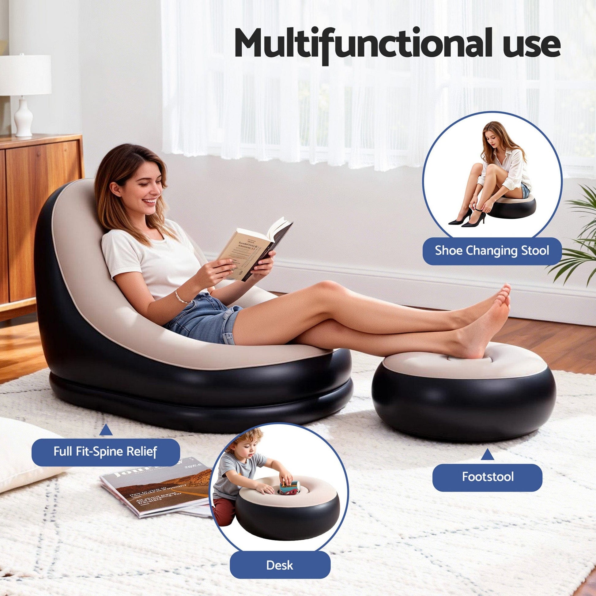 Gardeon Furniture > Outdoor > Outdoor Sofas & Lounge Sets Gardeon Inflatable Chair with Ottoman Air Sofa Blow Up Air Chair for Camping with Pump