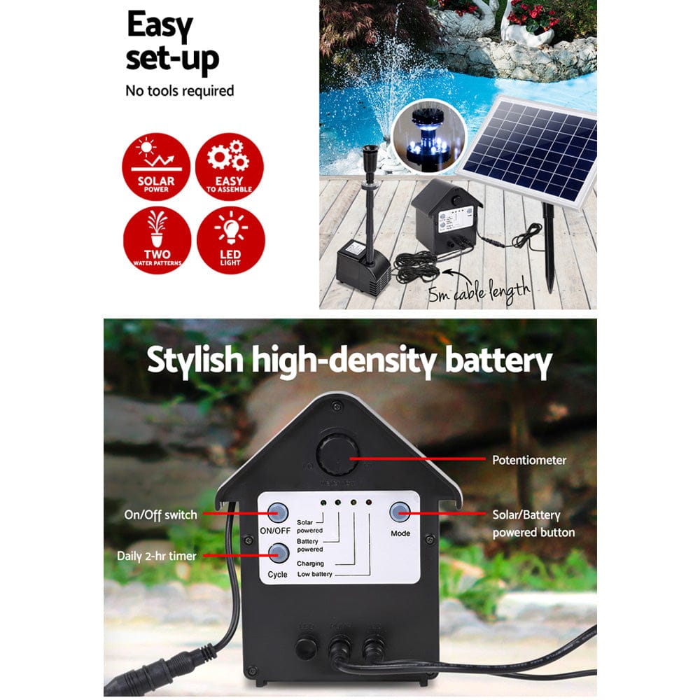 Gardeon Home & Garden > Fountains > Fountain & Ponds Accessories Gardeon Solar Pond Pump Submersible Water Fountain with Battery Kit LED Lights 6.6FT