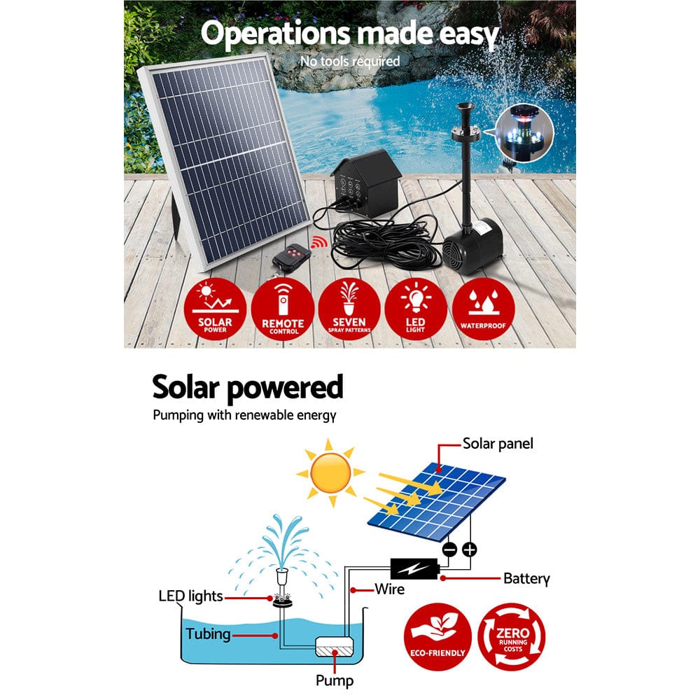Gardeon Home & Garden > Fountains > Fountain & Ponds Accessories Gardeon Solar Pond Pump with Battery Kit LED Lights 8.8 FT