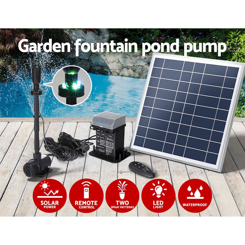 Gardeon Home & Garden > Fountains > Fountain & Ponds Accessories Gardeon Solar Pond Pump with Battery Kit LED Lights 9.8FT