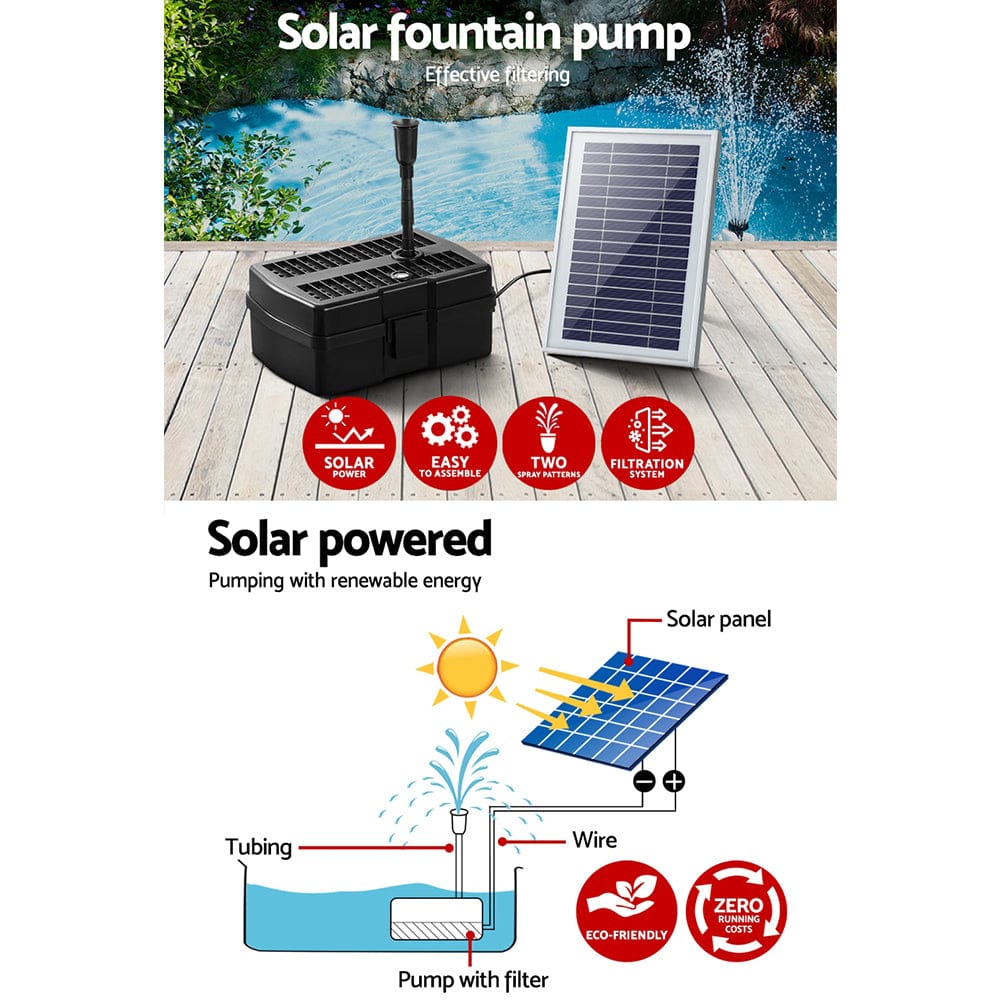 Gardeon Home & Garden > Fountains > Fountain & Ponds Accessories Gardeon Solar Pond Pump with Filter Box 4.6FT