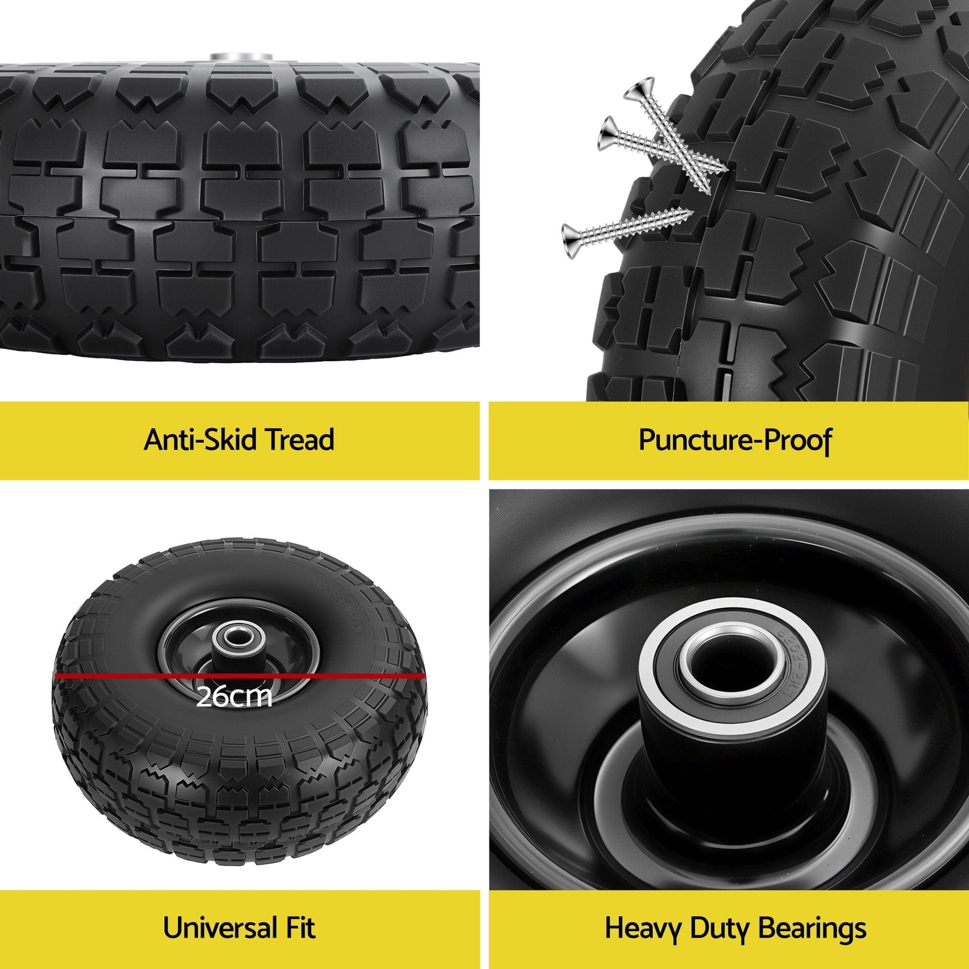 Gardeon Home & Garden > Garden Tools > Spreaders & Wheelbarrows Gardeon 2pcs, 4.10/3.50-4 Tire And Wheel Flat Free, 26cm Solid Rubber Tires with 5/8 Axle Bore Hole And Double Sealed Bearings, Perfect for Wheelbarrow, Garden Cart, Wagon, Dolly