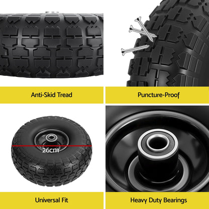 Gardeon Home & Garden > Garden Tools > Spreaders & Wheelbarrows Gardeon 2pcs, 4.10/3.50-4 Tire And Wheel Flat Free, 26cm Solid Rubber Tires with 5/8 Axle Bore Hole And Double Sealed Bearings, Perfect for Wheelbarrow, Garden Cart, Wagon, Dolly