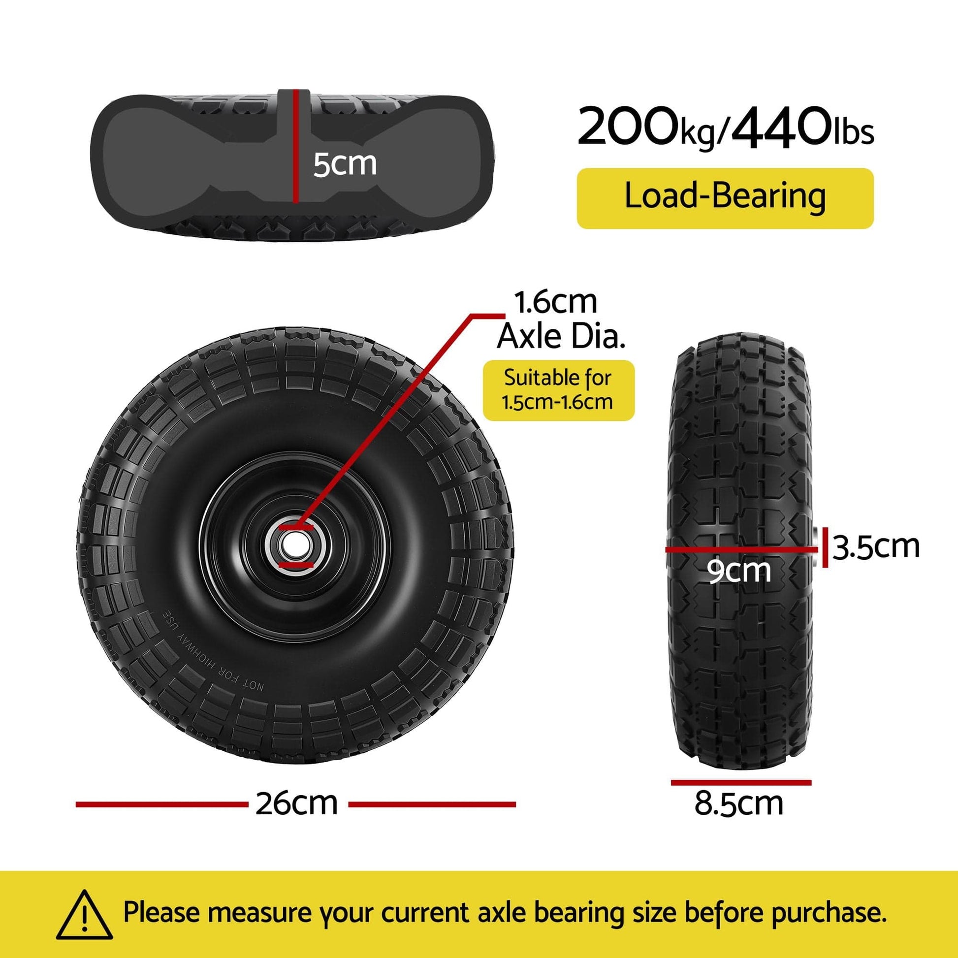 Gardeon Home & Garden > Garden Tools > Spreaders & Wheelbarrows Gardeon 2pcs, 4.10/3.50-4 Tire And Wheel Flat Free, 26cm Solid Rubber Tires with 5/8 Axle Bore Hole And Double Sealed Bearings, Perfect for Wheelbarrow, Garden Cart, Wagon, Dolly
