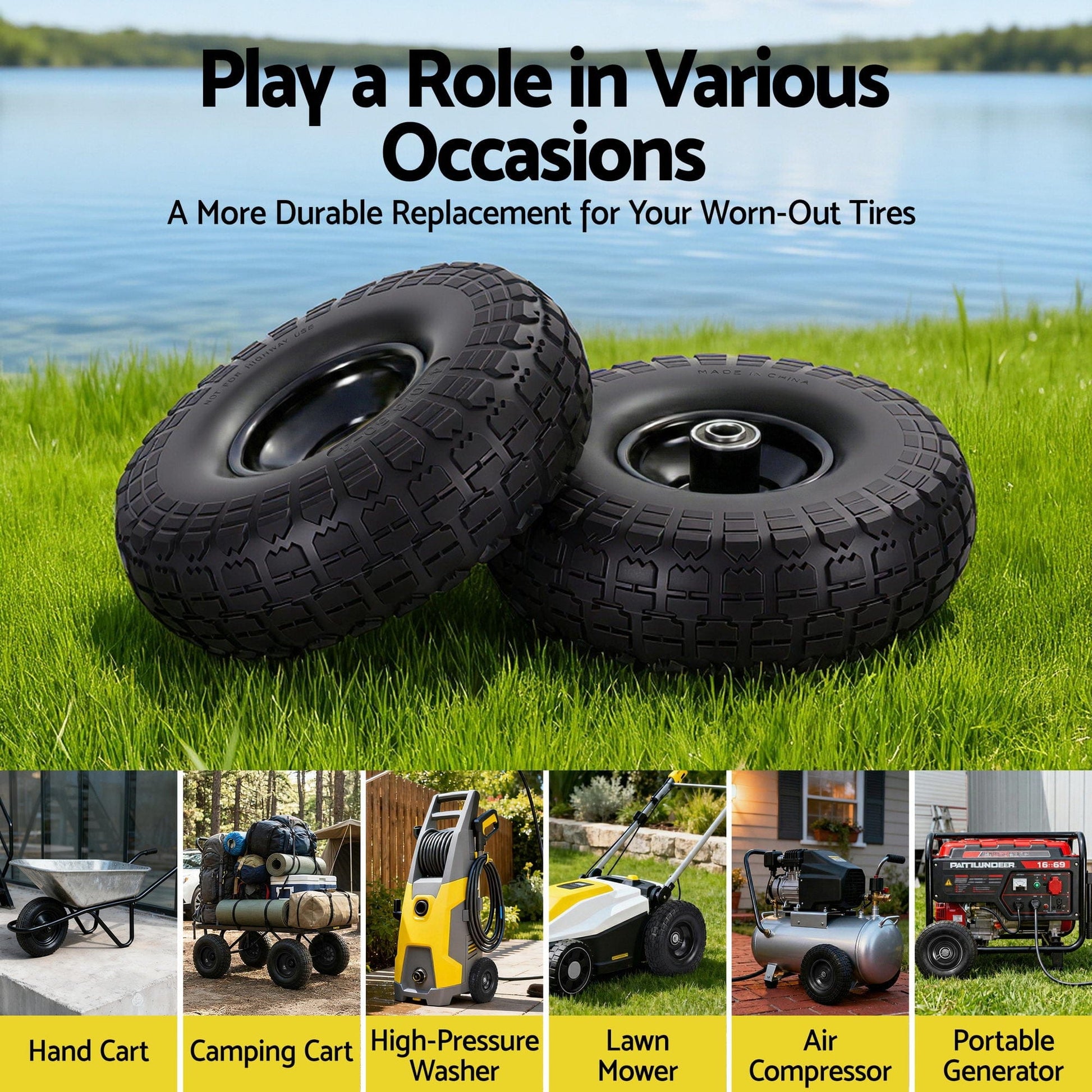 Gardeon Home & Garden > Garden Tools > Spreaders & Wheelbarrows Gardeon 2pcs, 4.10/3.50-4 Tire And Wheel Flat Free, 26cm Solid Rubber Tires with 5/8 Axle Bore Hole And Double Sealed Bearings, Perfect for Wheelbarrow, Garden Cart, Wagon, Dolly