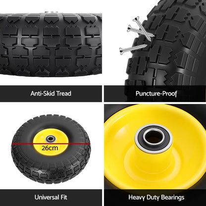 Gardeon Home & Garden > Garden Tools > Spreaders & Wheelbarrows Gardeon 2pcs, 4.10/3.50-4 Tire And Wheel Flat Free, 26cm Solid Rubber Tires with 5/8 Axle Bore Hole And Double Sealed Bearings, Perfect for Wheelbarrow, Garden Cart, Wagon, Dolly