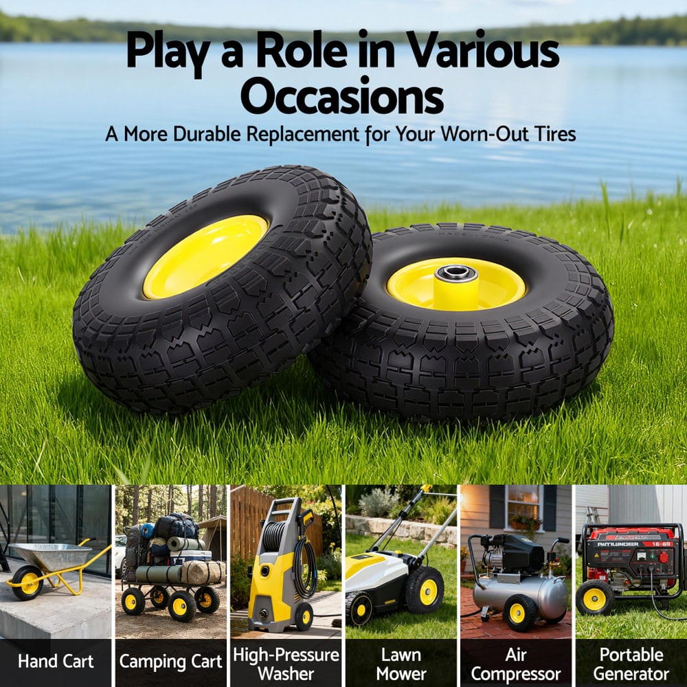 Gardeon Home & Garden > Garden Tools > Spreaders & Wheelbarrows Gardeon 2pcs, 4.10/3.50-4 Tire And Wheel Flat Free, 26cm Solid Rubber Tires with 5/8 Axle Bore Hole And Double Sealed Bearings, Perfect for Wheelbarrow, Garden Cart, Wagon, Dolly