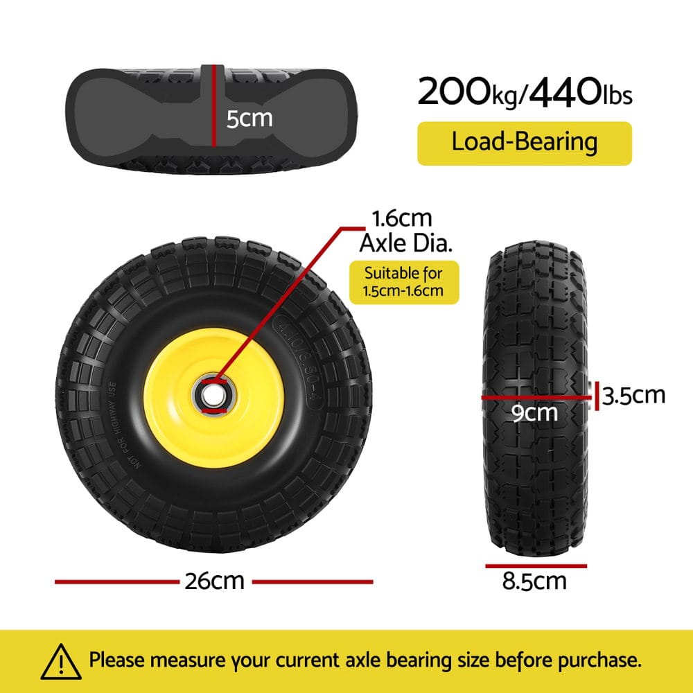 Gardeon Home & Garden > Garden Tools > Spreaders & Wheelbarrows Gardeon 2pcs, 4.10/3.50-4 Tire And Wheel Flat Free, 26cm Solid Rubber Tires with 5/8 Axle Bore Hole And Double Sealed Bearings, Perfect for Wheelbarrow, Garden Cart, Wagon, Dolly