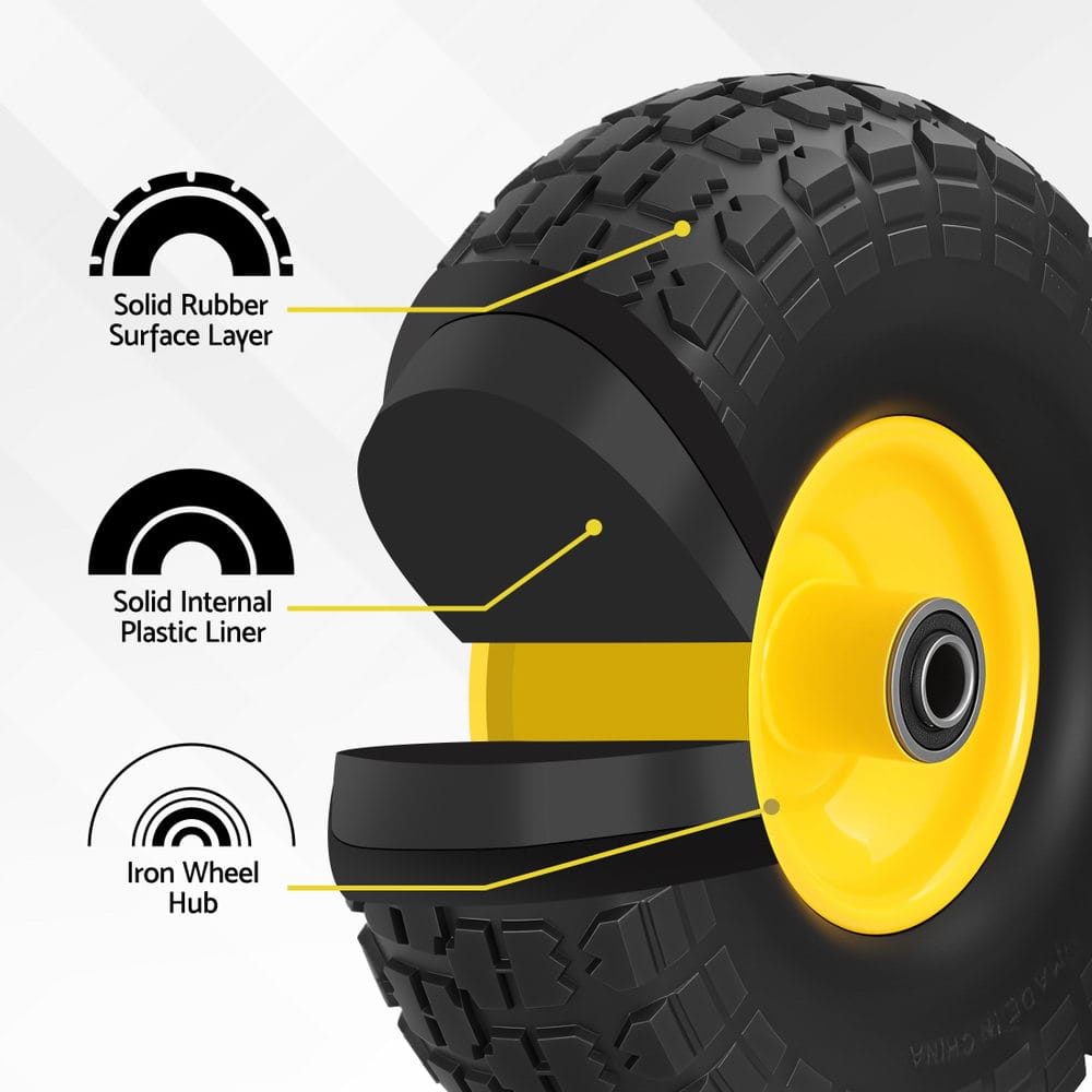 Gardeon Home & Garden > Garden Tools > Spreaders & Wheelbarrows Gardeon 2pcs, 4.10/3.50-4 Tire And Wheel Flat Free, 26cm Solid Rubber Tires with 5/8 Axle Bore Hole And Double Sealed Bearings, Perfect for Wheelbarrow, Garden Cart, Wagon, Dolly