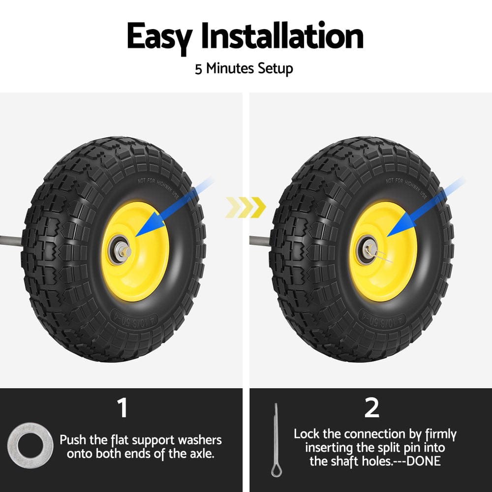 Gardeon Home & Garden > Garden Tools > Spreaders & Wheelbarrows Gardeon 2pcs, 4.10/3.50-4 Tire And Wheel Flat Free, 26cm Solid Rubber Tires with 5/8 Axle Bore Hole And Double Sealed Bearings, Perfect for Wheelbarrow, Garden Cart, Wagon, Dolly