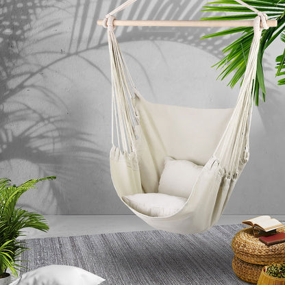 Gardeon Home & Garden > Hammocks > Hammocks & Accessories Gardeon Hammock Chair Outdoor Camping Hanging Hammocks Cushion Pillow Cream
