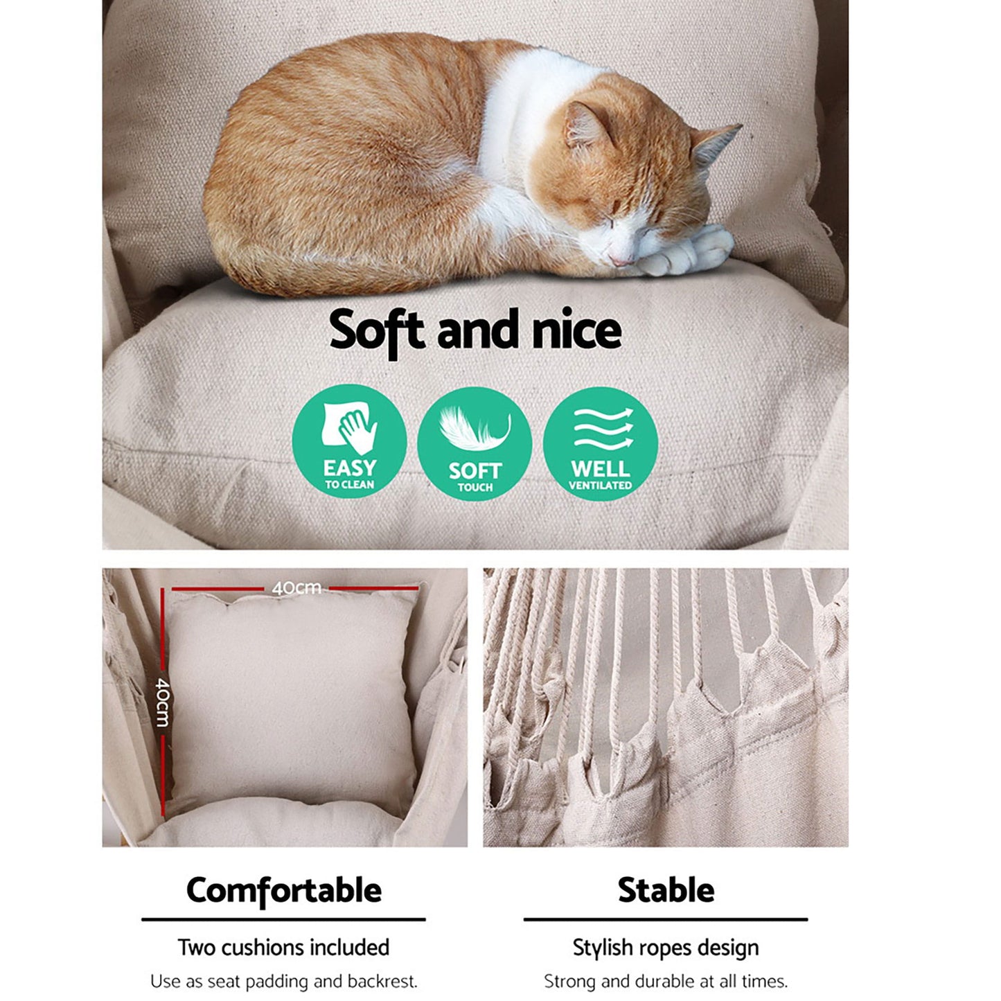 Gardeon Home & Garden > Hammocks > Hammocks & Accessories Gardeon Hammock Chair Outdoor Camping Hanging Hammocks Cushion Pillow Cream