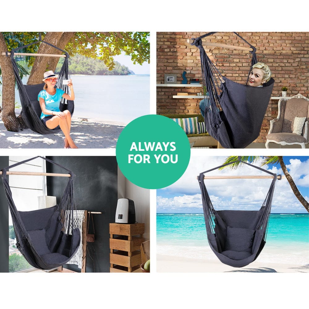 Gardeon Home & Garden > Hammocks > Hammocks & Accessories Gardeon Hammock Chair Outdoor Camping Hanging Hammocks Cushion Pillow Grey