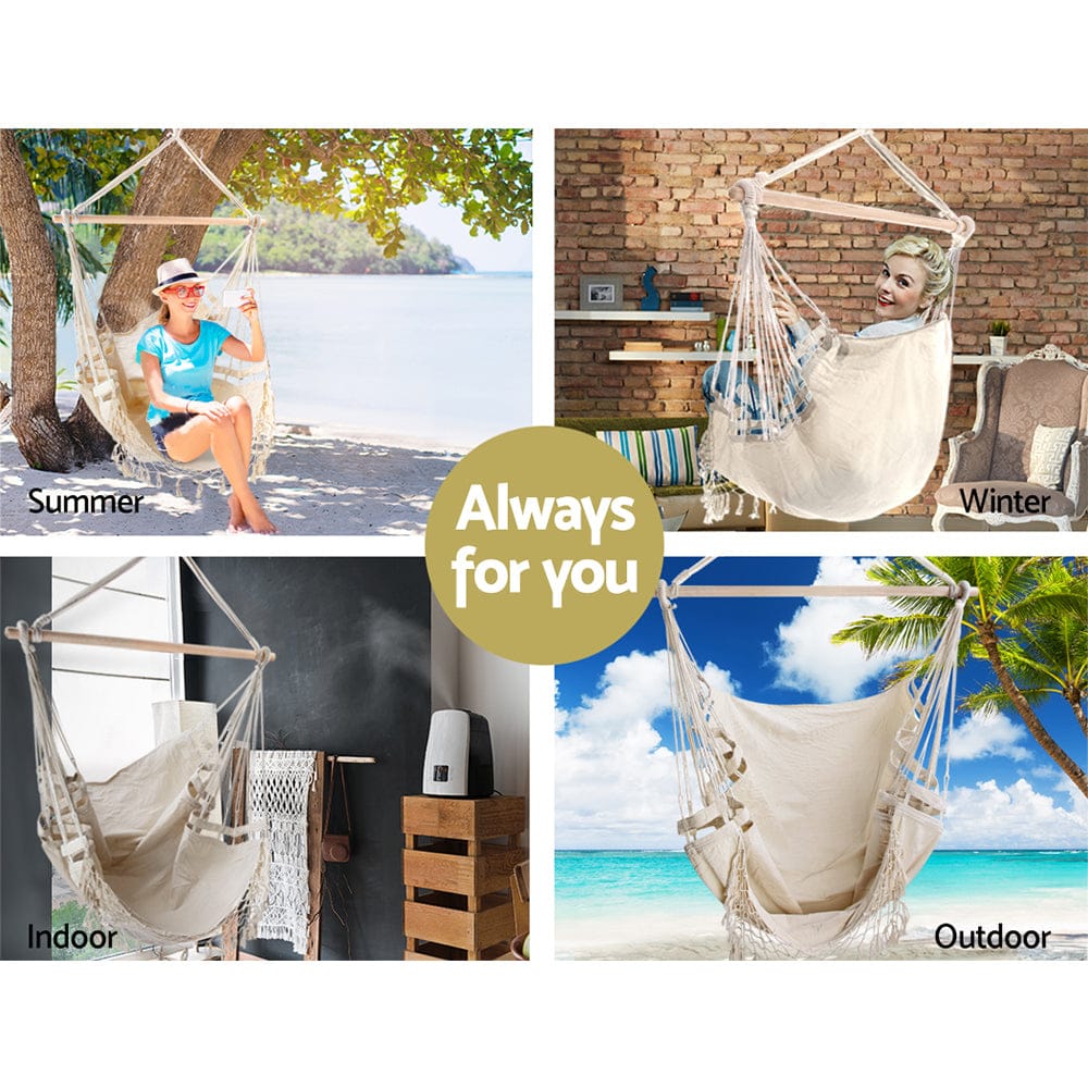 Gardeon Home & Garden > Hammocks > Hammocks & Accessories Gardeon Hanging Hammock Chair Outdoor Swing Hammocks Tassel Cream