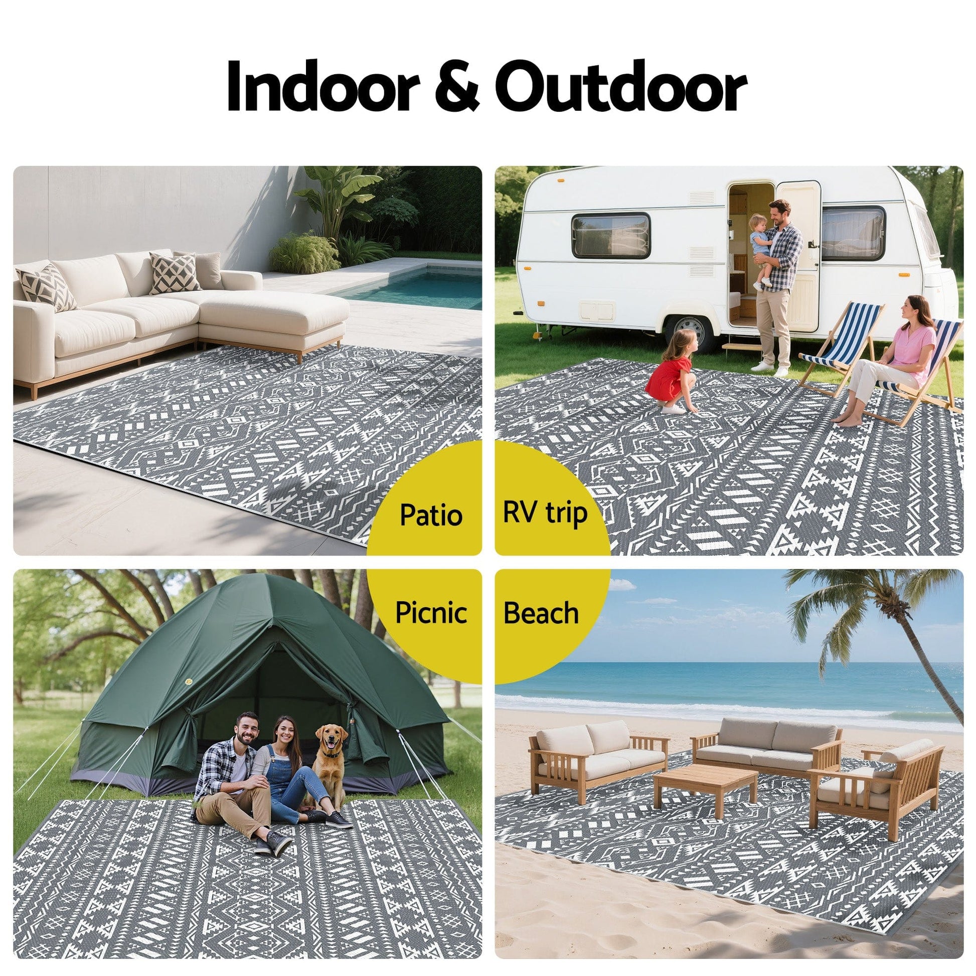 Gardeon Home & Garden > Rugs > Outdoor Rugs Gardeon Outdoor Rugs 274x366cm Large Carpet Reversible Area Mat PP Dual-Sided Patio Rug Bohemian