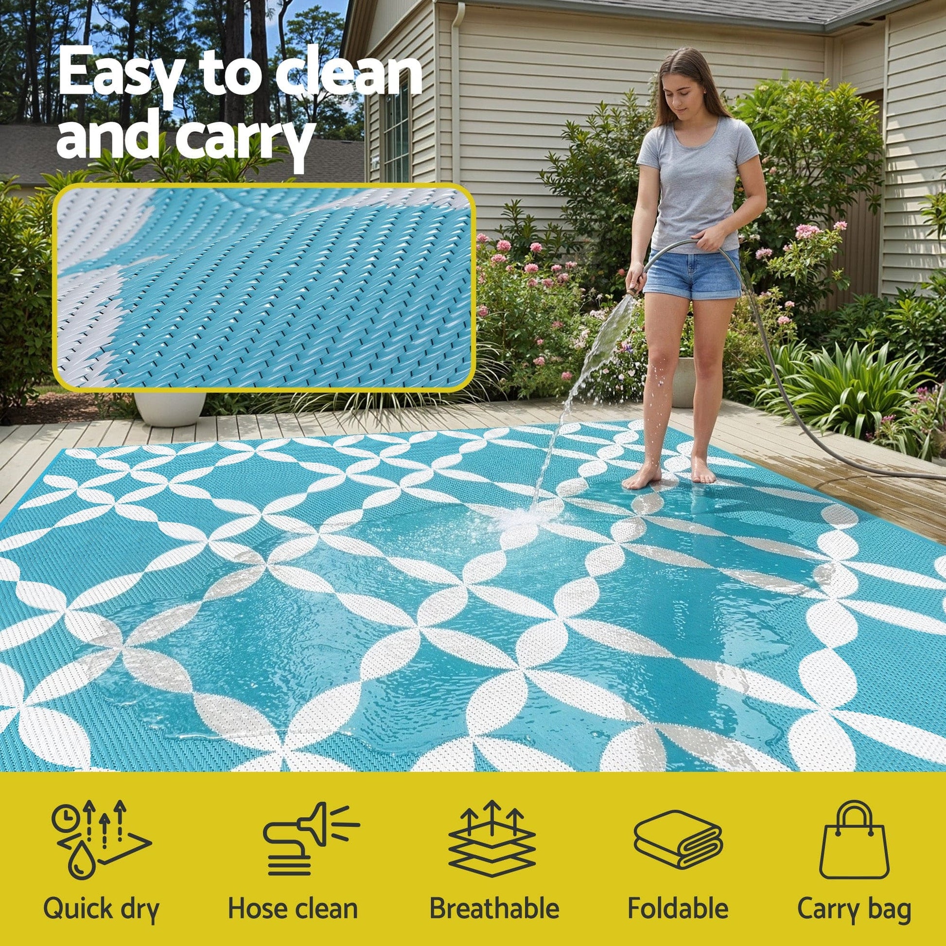 Gardeon Home & Garden > Rugs > Outdoor Rugs Gardeon Outdoor Rugs 274x366cm Large Carpet Reversible Area Mat PP Dual-Sided Patio Rug Light Blue