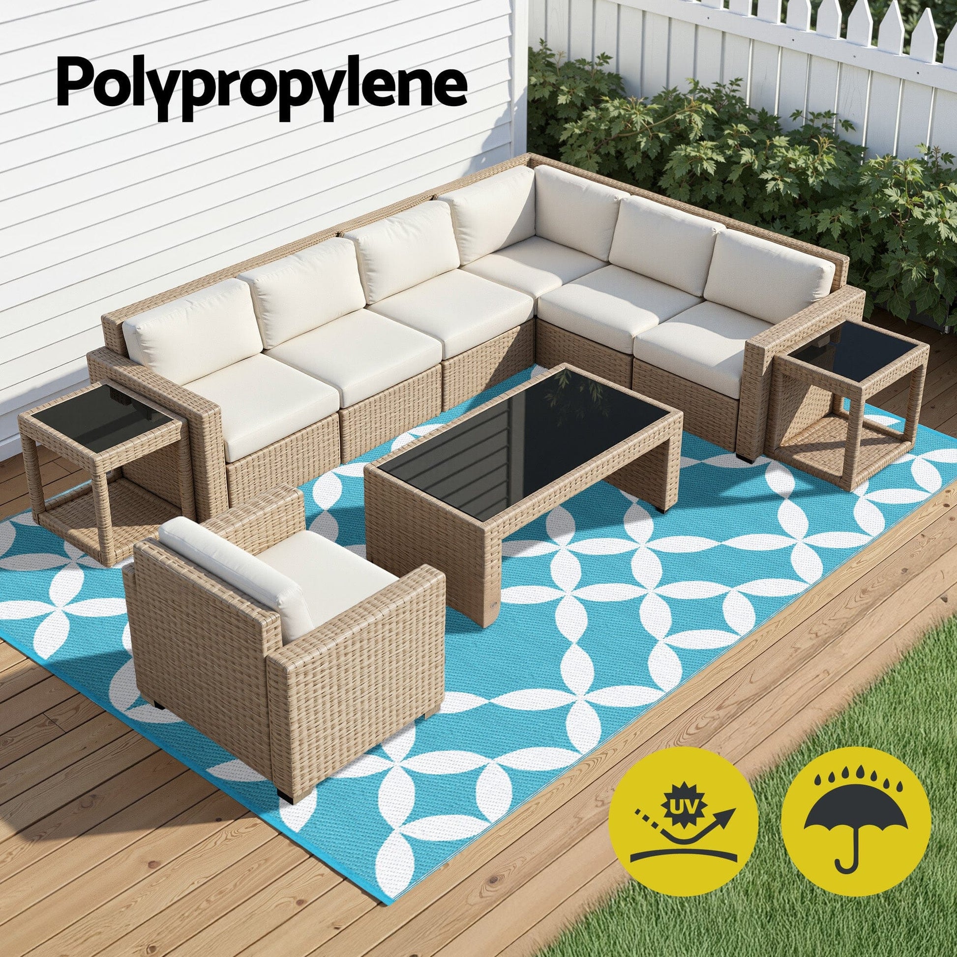 Gardeon Home & Garden > Rugs > Outdoor Rugs Gardeon Outdoor Rugs 274x366cm Large Carpet Reversible Area Mat PP Dual-Sided Patio Rug Light Blue