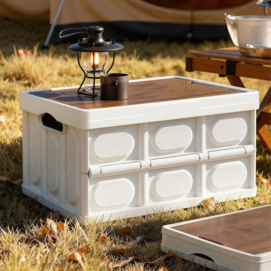 Gardeon Home & Garden > Storage > Storage Boxes Gardeon Collapsible Outdoor Storage Box 50L Stackable Folding Camping Organizer Plywood Lid Beige