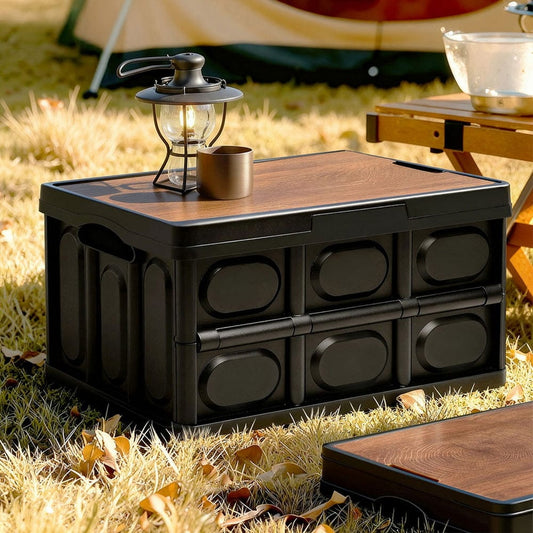 Gardeon Home & Garden > Storage > Storage Boxes Gardeon Collapsible Outdoor Storage Box 50L Stackable Folding Camping Organizer Plywood Lid Black