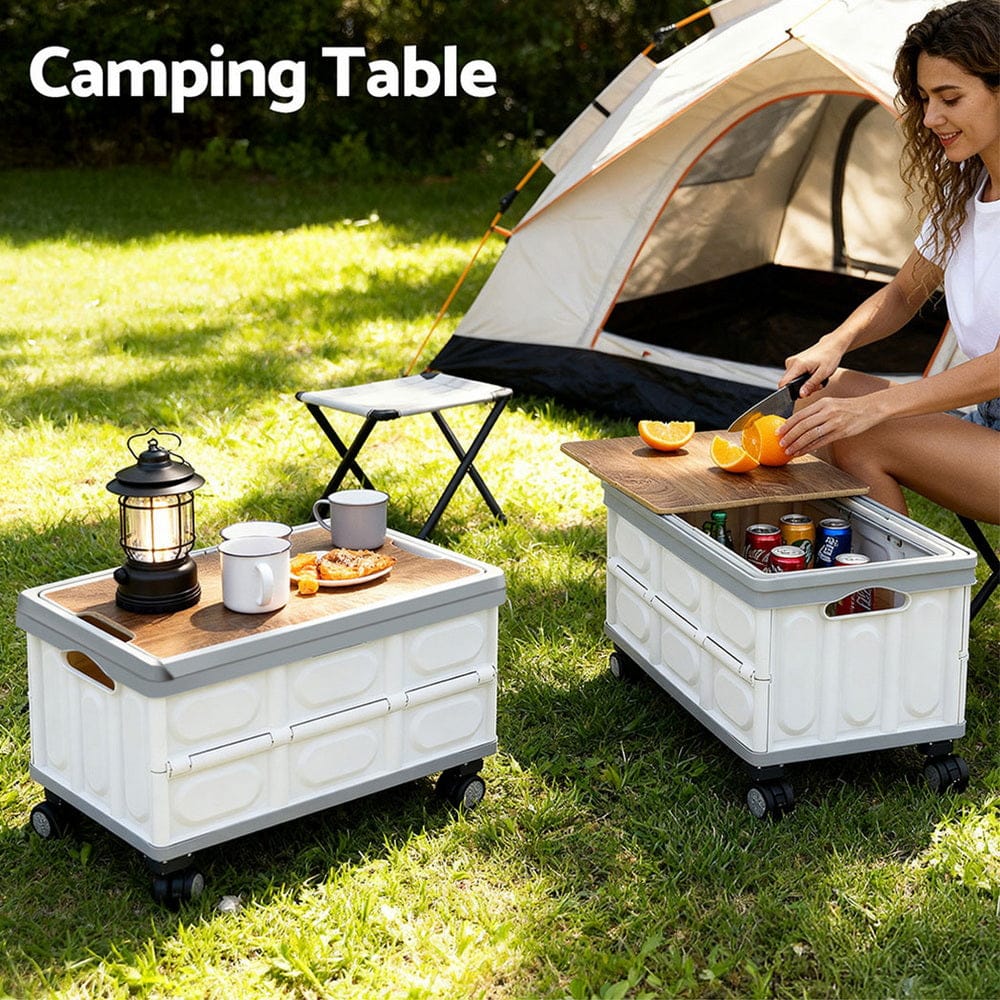 Gardeon Home & Garden > Storage > Storage Boxes Gardeon Collapsible Outdoor Storage Box 54L Stackable Folding Camping Organizer Wheels Plywood Lid Beige