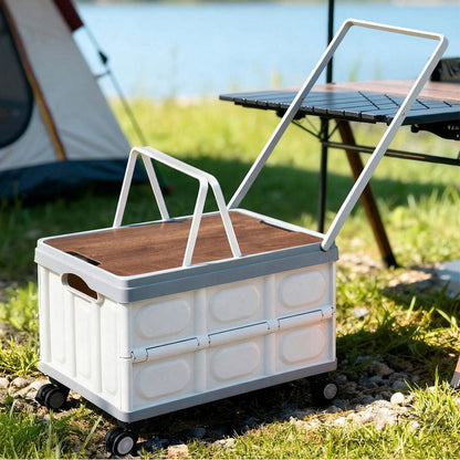 Gardeon Home & Garden > Storage > Storage Boxes Gardeon Collapsible Outdoor Storage Box 54L Stackable Folding Camping Organizer Wheels Plywood Lid Beige