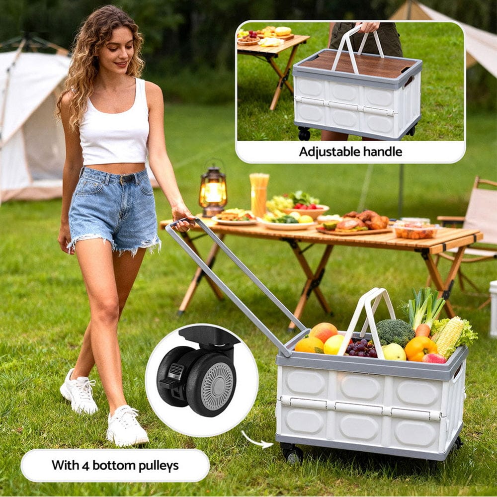 Gardeon Home & Garden > Storage > Storage Boxes Gardeon Collapsible Outdoor Storage Box 54L Stackable Folding Camping Organizer Wheels Plywood Lid Beige